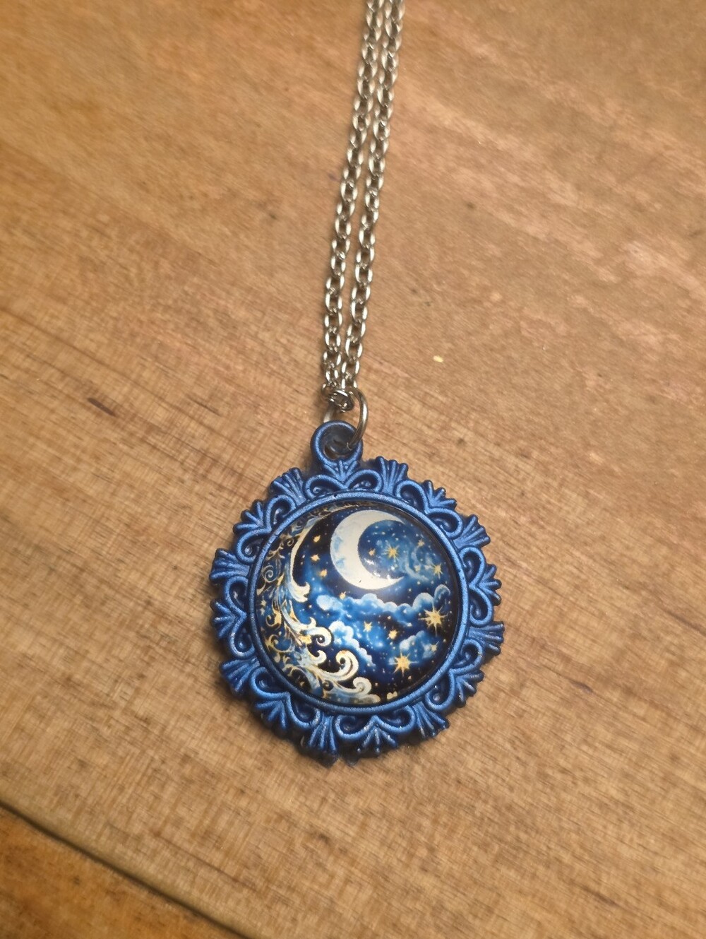 Blue Ornate Resin Celestial Themed Pendant W Starry Sky Graphic W Silver Chain